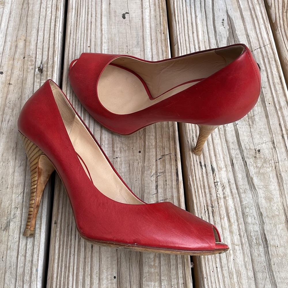 ❤️ 👀 Giuseppe Zanotti Red Leather Peep Toe Wooden Heels Size EU 39.5 - Picture 5 of 13
